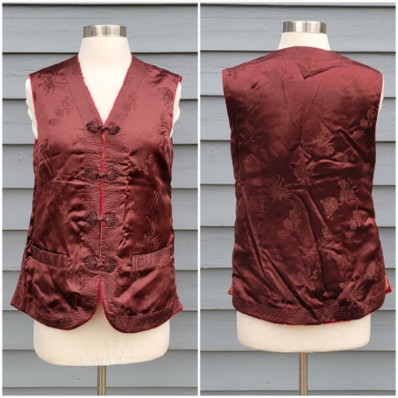 100% Silk Cheongsam Qipao Reversible Red Burgundy Floral Oriental Padded Vest Md - Picture 3 of 9